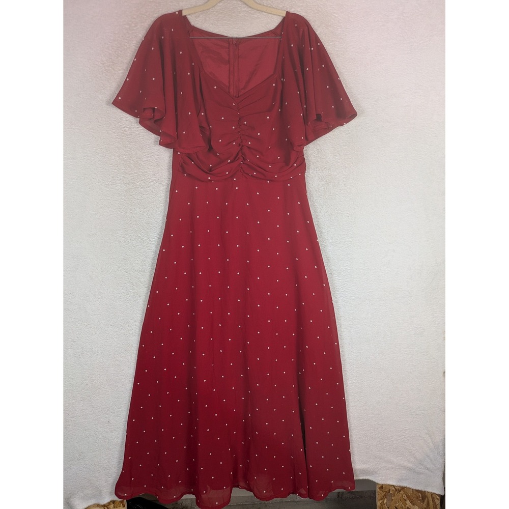 Shein Maxi Dress Women's Medium Red Polka Dot Flutter Sleeve Ruched